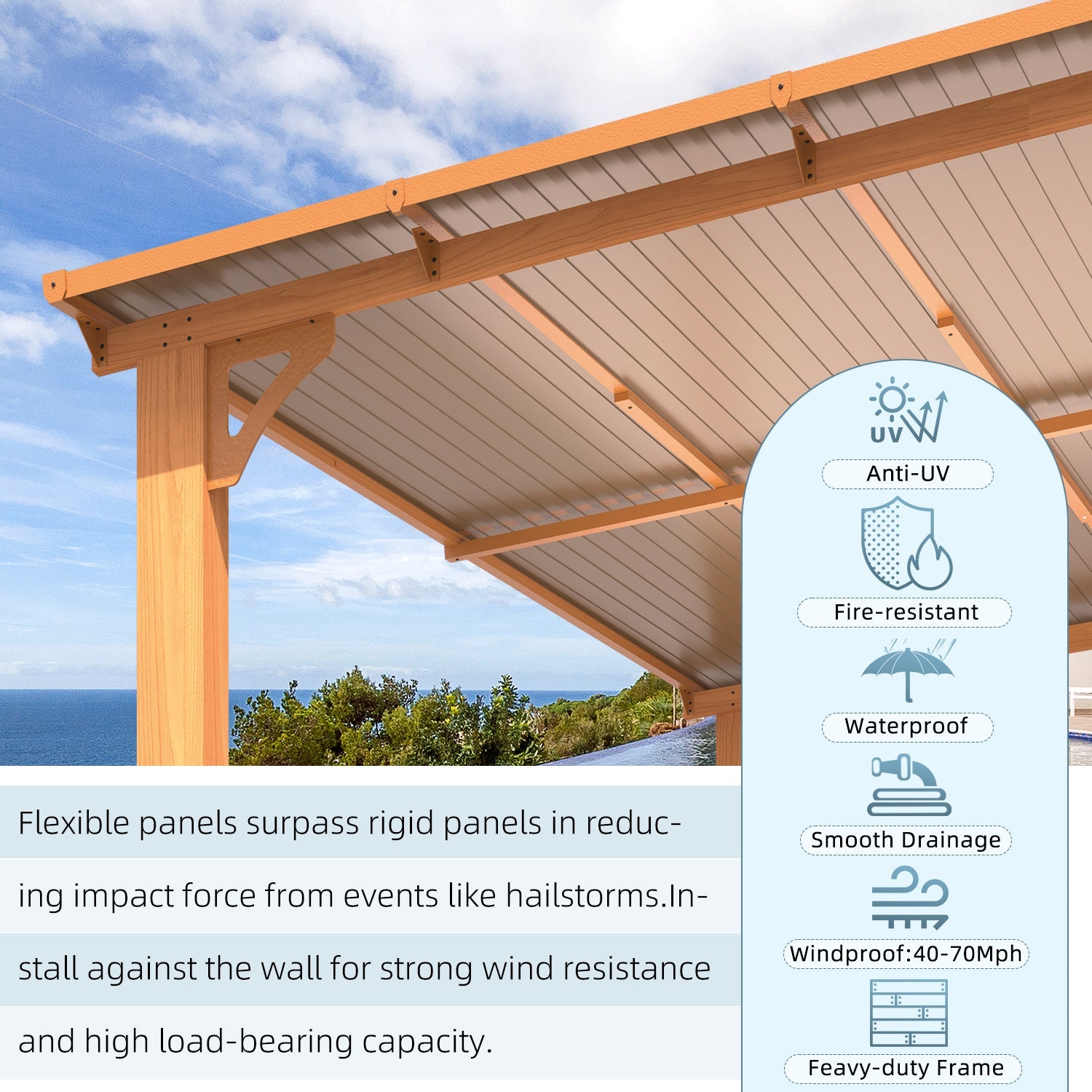AECOJOY 14'x10' Wall Mounted Gazebos Pergola, Wood Grain