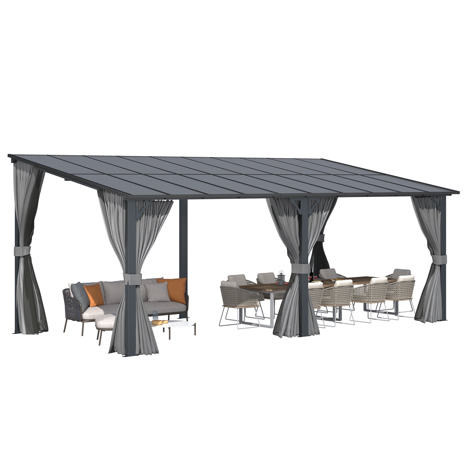 NetSo Wall Gazebo 20'x10' Gray with Curtains and Mosquito Netting - Outdoor Comfort