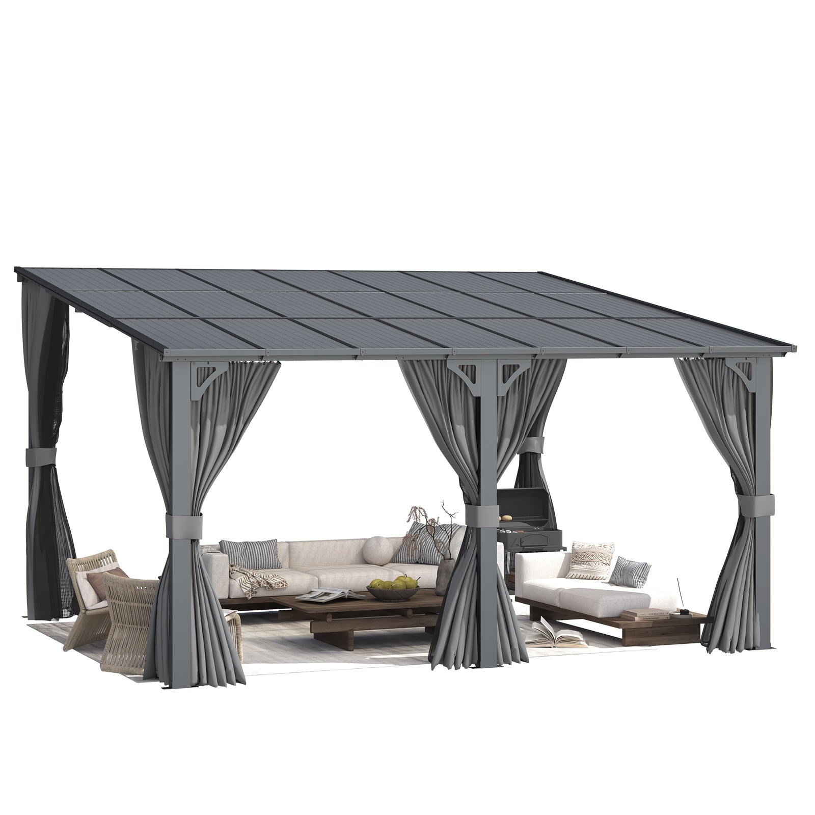 NetSo 14'x12' Wall Gazebo Gray with Curtains and Mosquito Netting - Outdoor Shelter