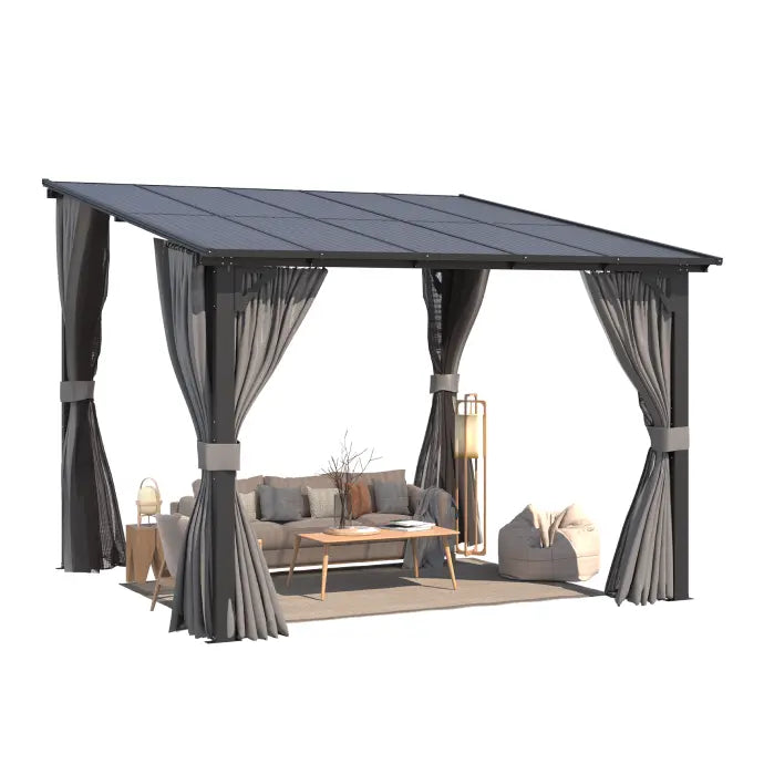 NetSo Wall Gazebo 10'x10' Gray with Curtains and Mosquito Netting - Perfect Outdoor Shelter