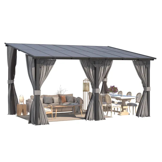 NetSo Wall Gazebo 14'x10' Gray with Curtains and Mosquito Netting - Outdoor Shade and Protection