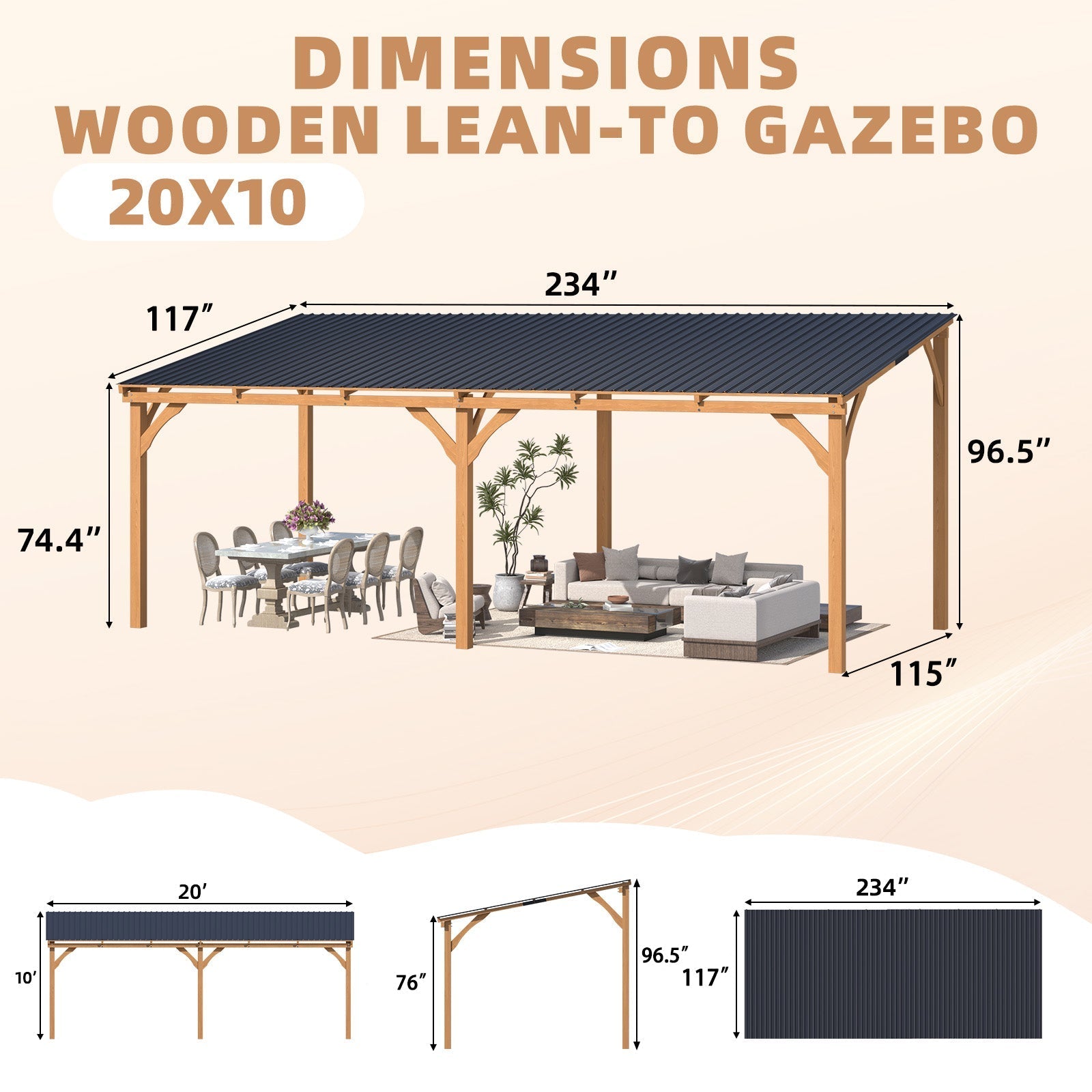 NetSo Outdoor Wooden Gazebo 20' x 10' - Durable Hardtop Patio Structure for Relaxation - Default Title