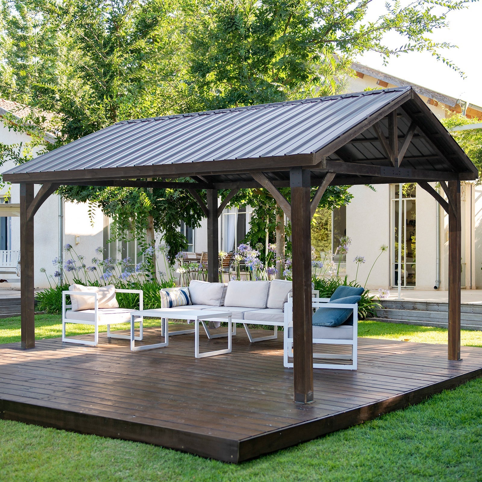 NetSo Hard-Top Gazebo 14' x 12' Wooden Outdoor Pergola - Durable and Stylish Shelter - Default Title