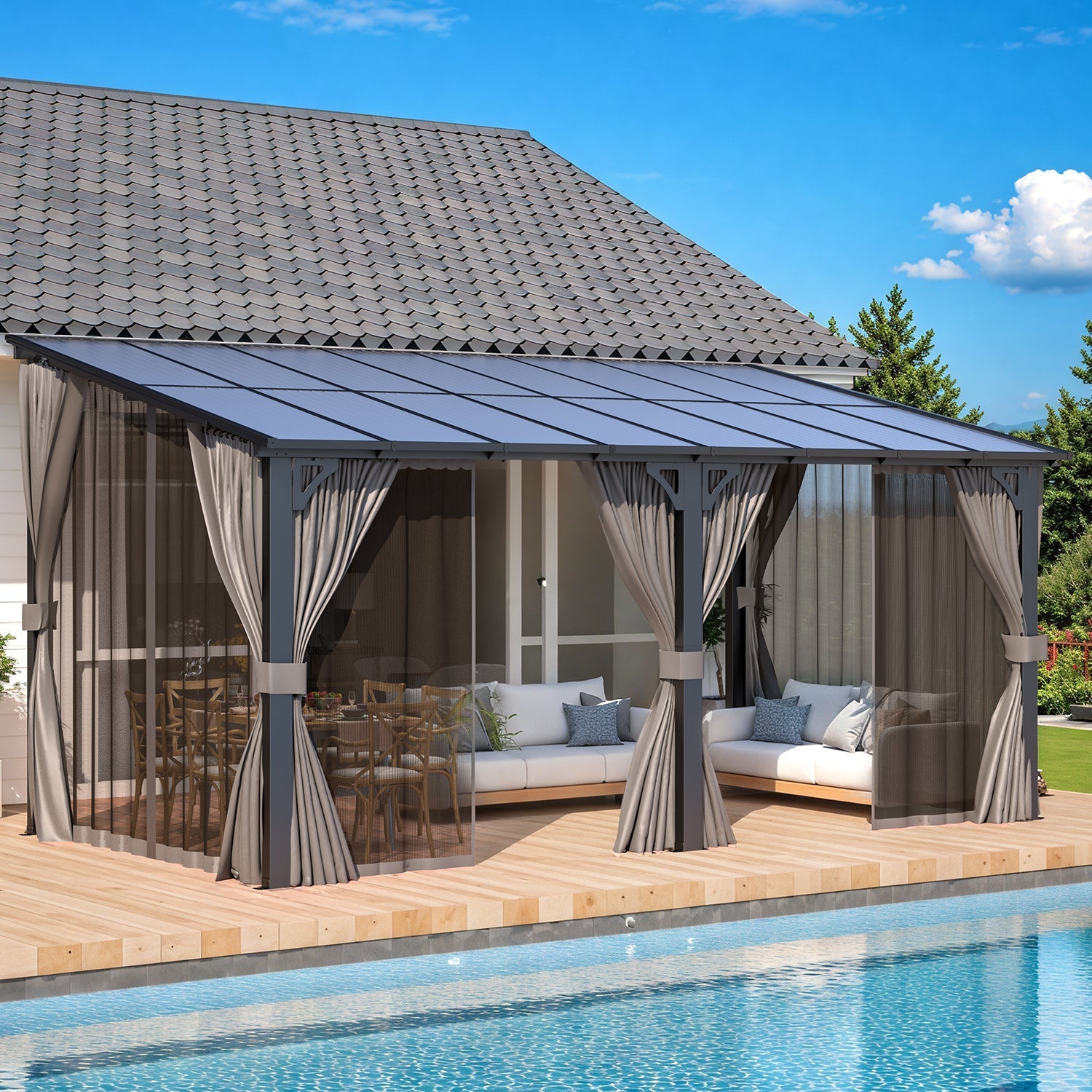 NetSo Wall Gazebo 16'x8' Gray with Curtains and Mosquito Netting - Outdoor Protection