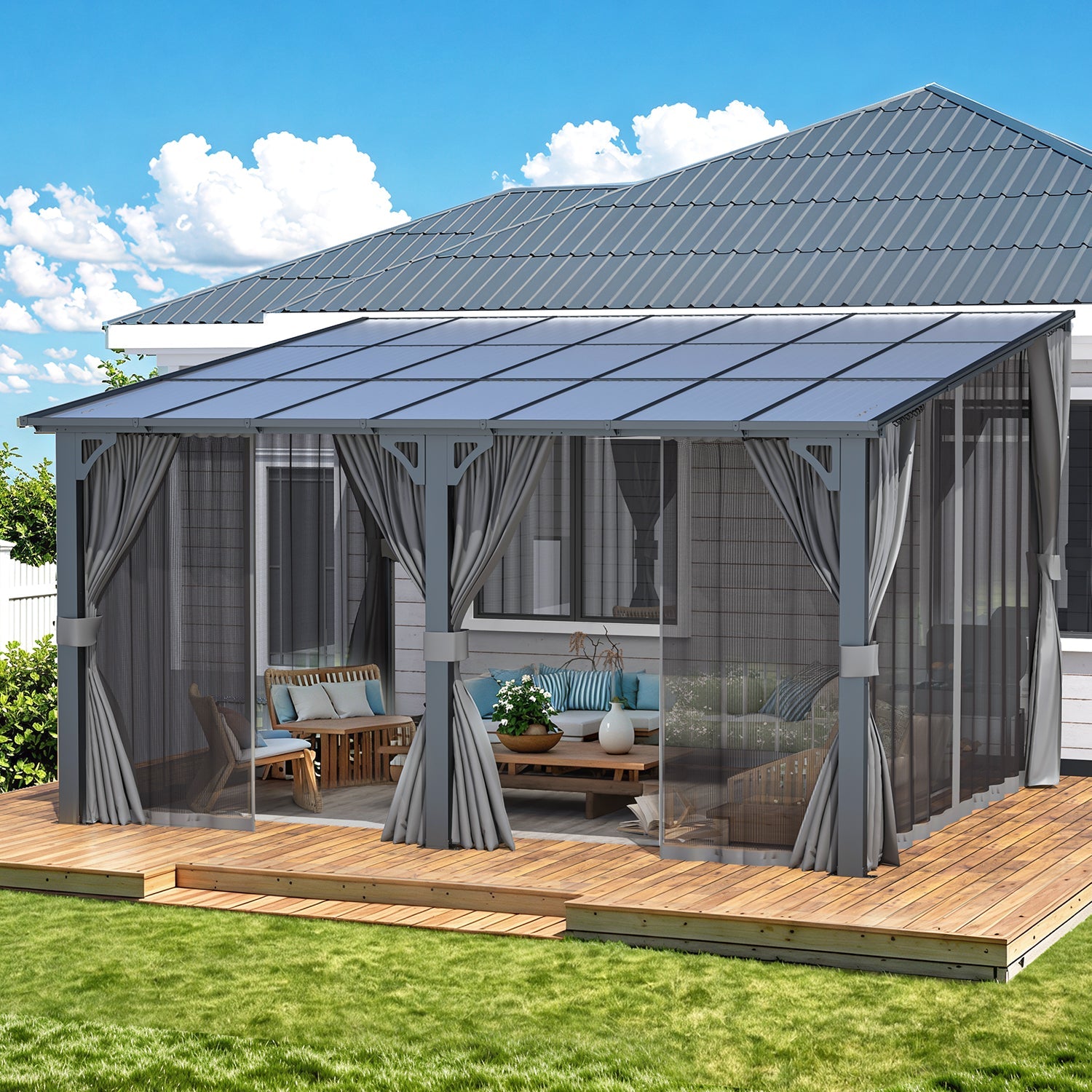 AECOJOY 14'x12' Wall Gazebo with Curtains and Mosquito Netting, Gray