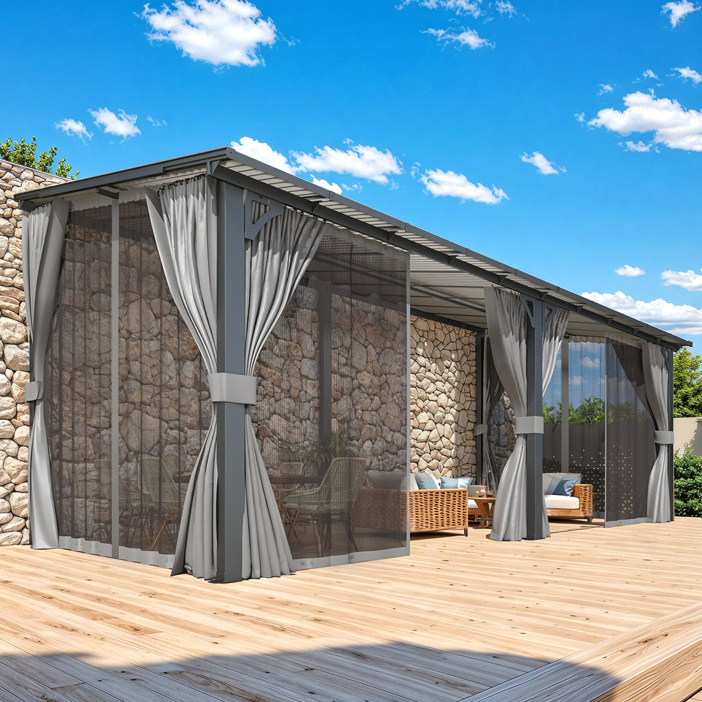NetSo Wall Gazebo 20'x8' Gray with Curtains and Mosquito Netting - Outdoor Shelter Solution