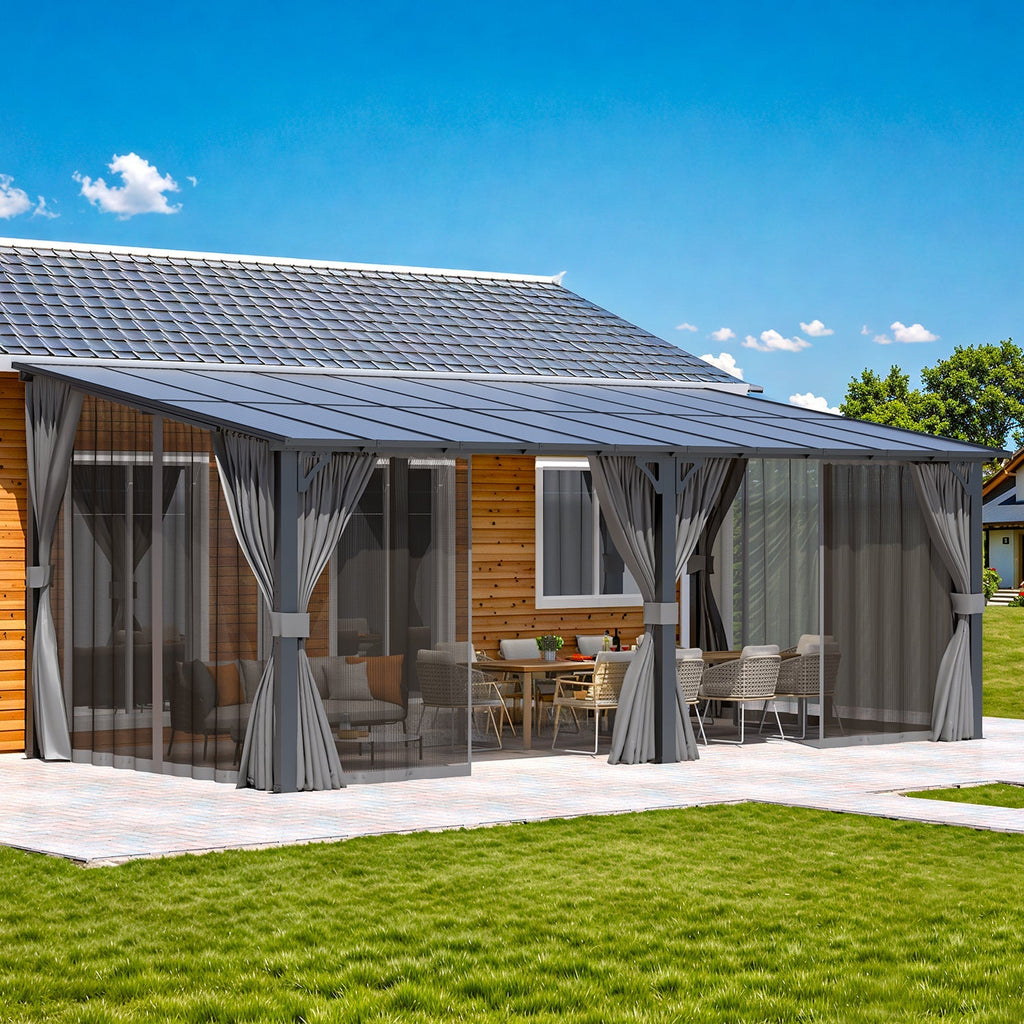 NetSo Wall Gazebo 20'x10' Gray with Curtains and Mosquito Netting - Outdoor Comfort