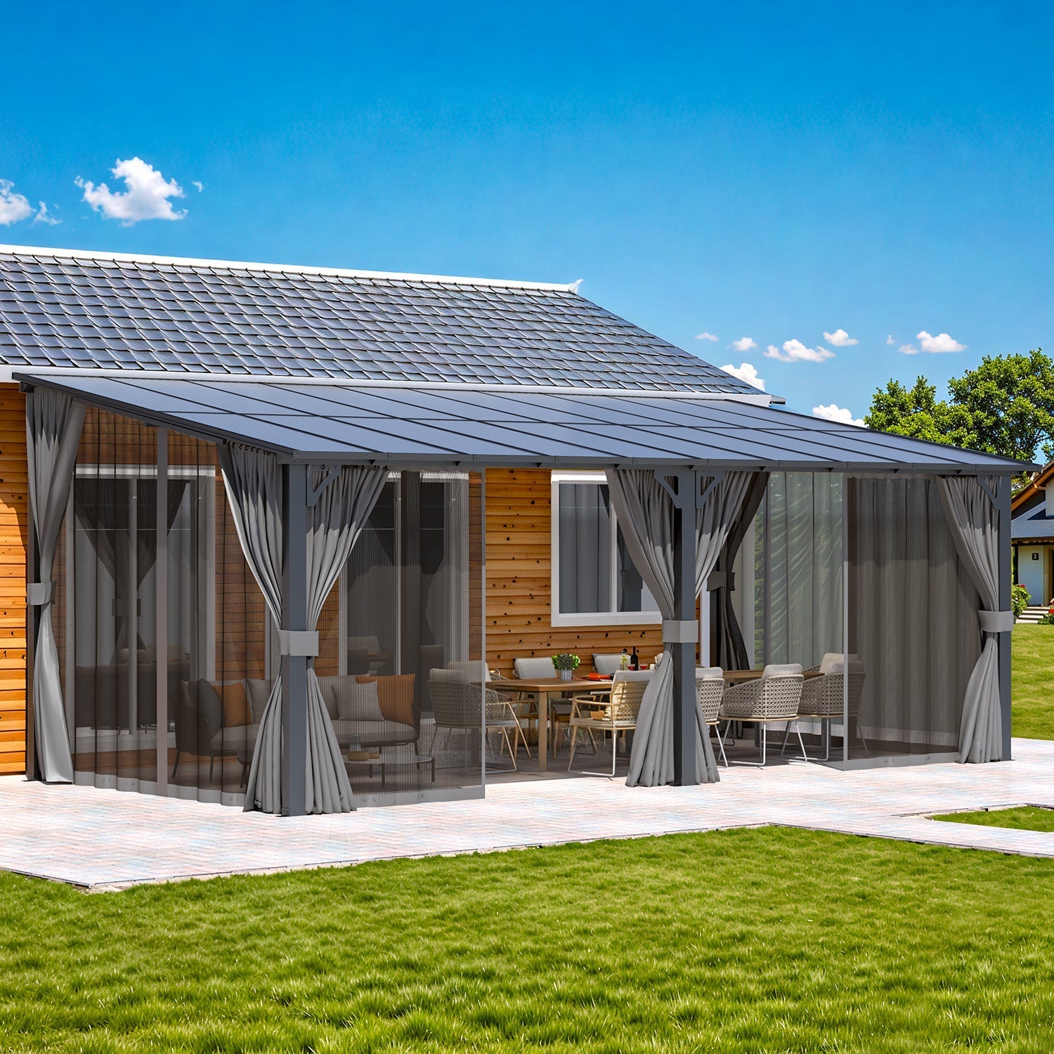 NetSo Wall Gazebo 20'x10' Gray with Curtains and Mosquito Netting - Outdoor Comfort