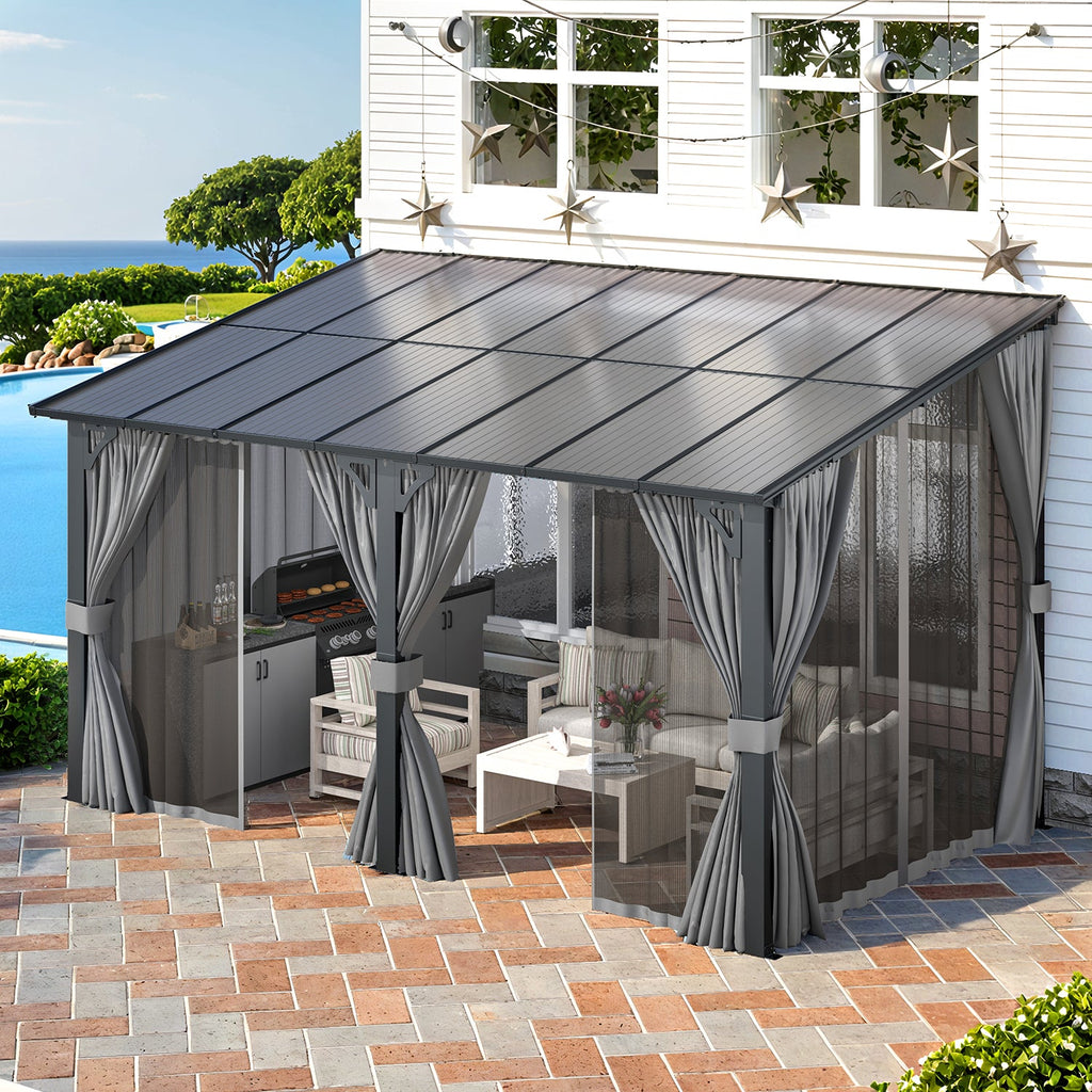 AECOJOY 14'x8' Wall Gazebo with Curtains and Mosquito Netting, Gray