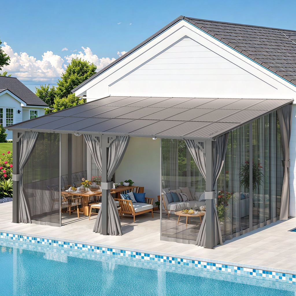 AECOJOY 16'x12' Wall Gazebo with Curtains and Mosquito Netting, Gray