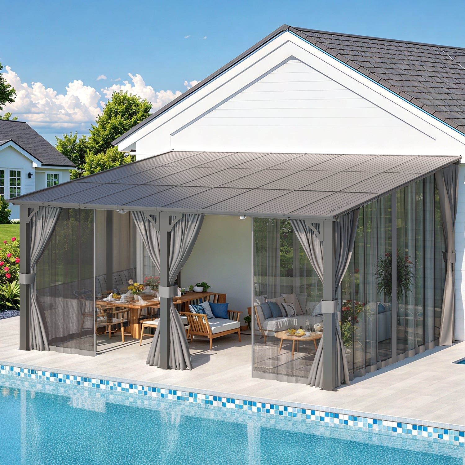 AECOJOY 16'x12' Wall Gazebo with Curtains and Mosquito Netting, Gray