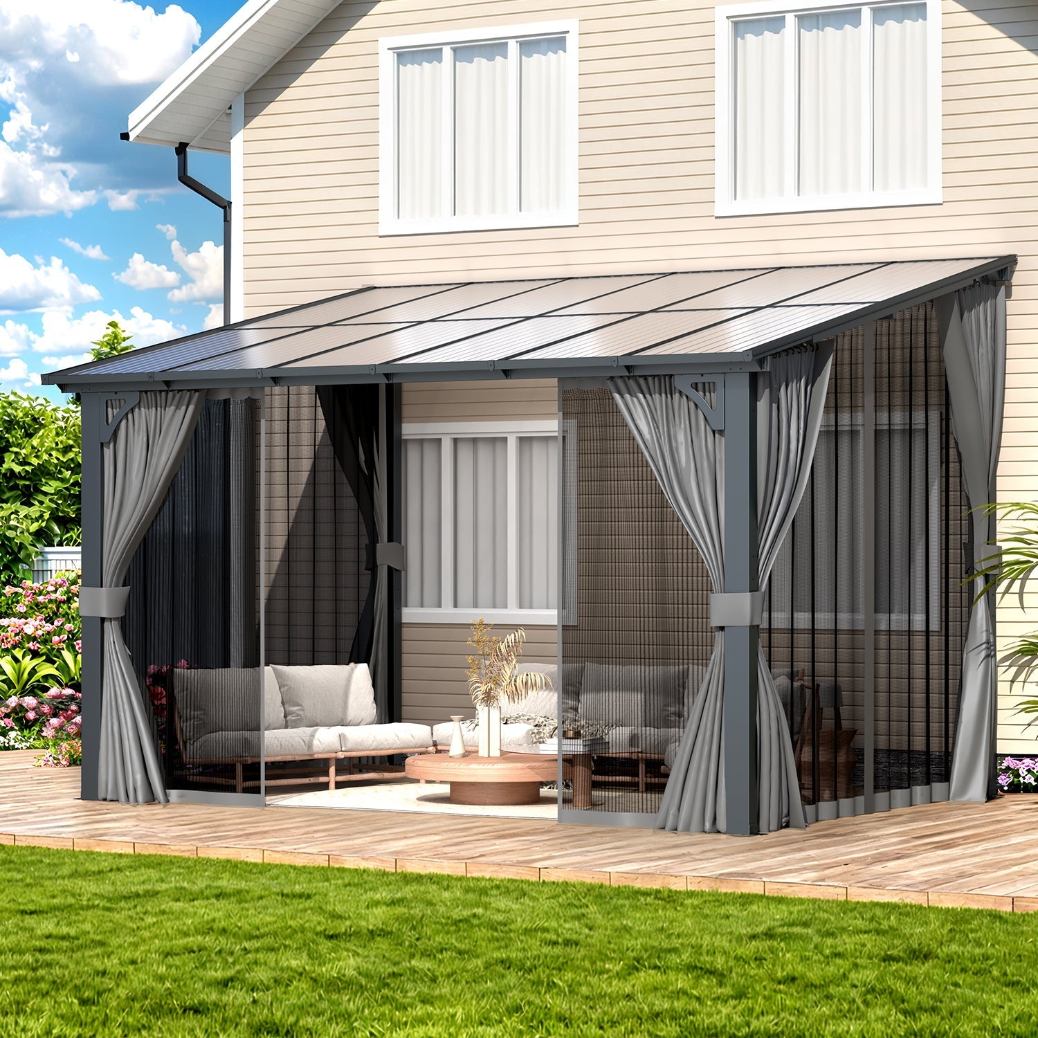 NetSo 12x8 Wall Gazebo Gray with Curtains and Mosquito Netting - Outdoor Shelter Solution