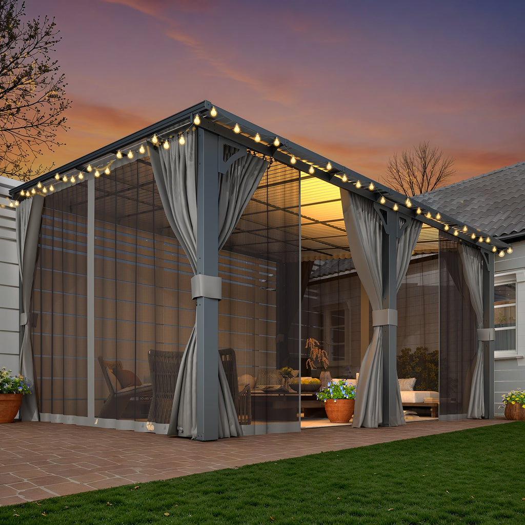 AECOJOY 14'x12' Wall Gazebo with Curtains and Mosquito Netting, Gray