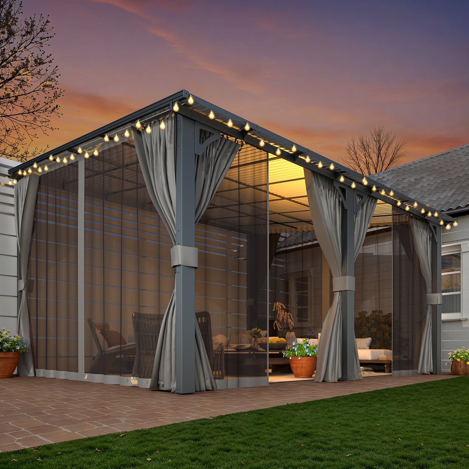 AECOJOY 14'x12' Wall Gazebo with Curtains and Mosquito Netting, Gray