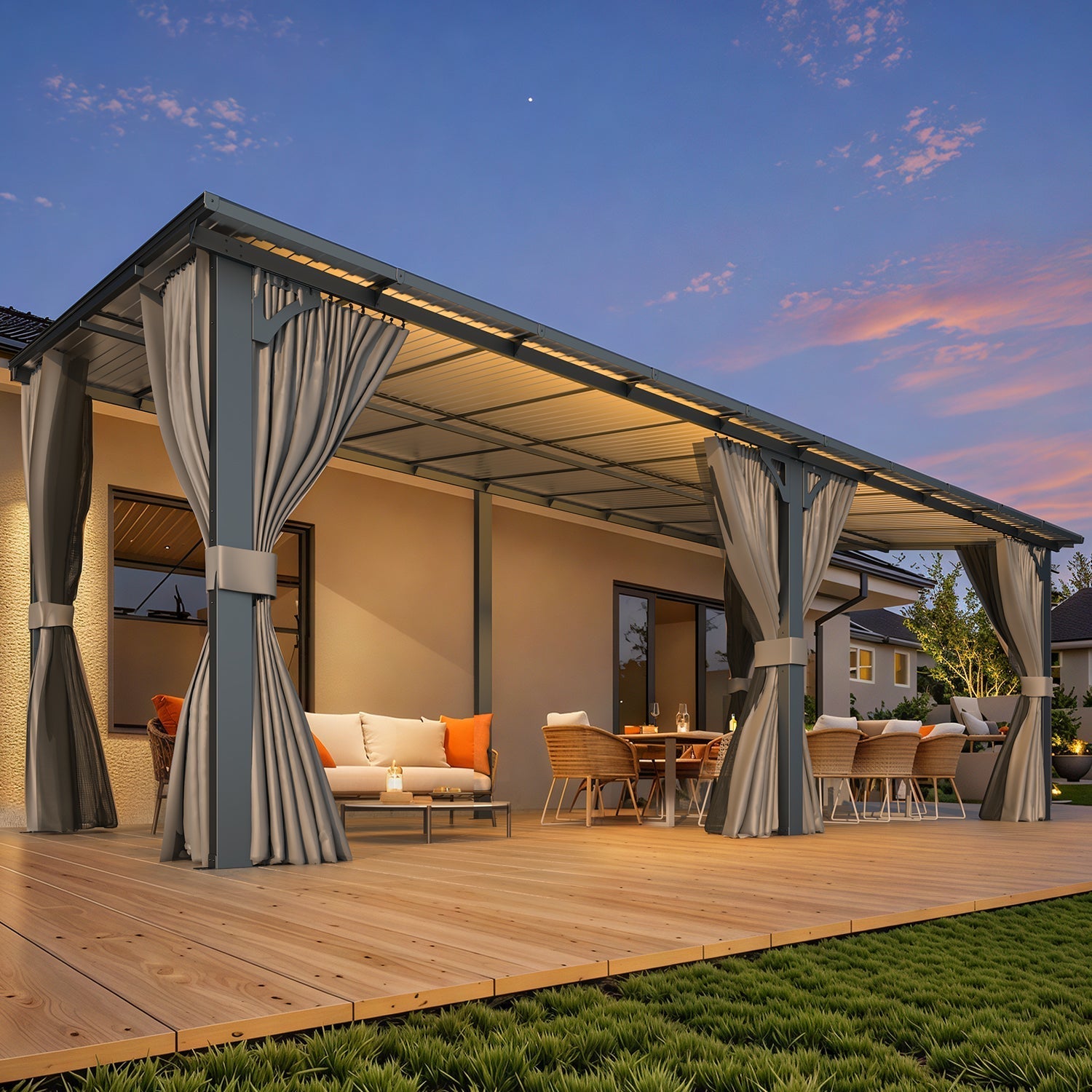 NetSo Wall Gazebo 20'x10' Gray with Curtains and Mosquito Netting - Outdoor Comfort