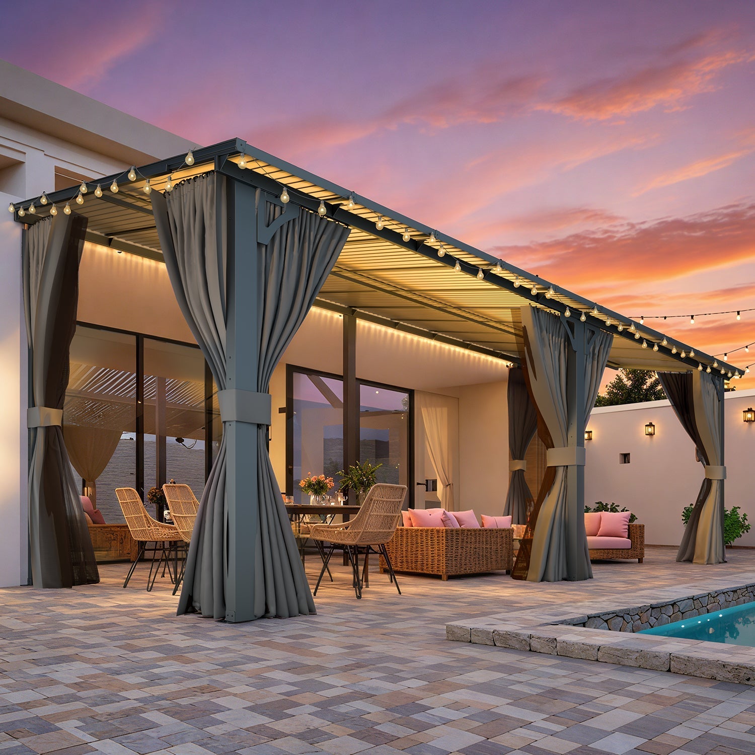 NetSo Wall Gazebo 20'x8' Gray with Curtains and Mosquito Netting - Outdoor Shelter Solution