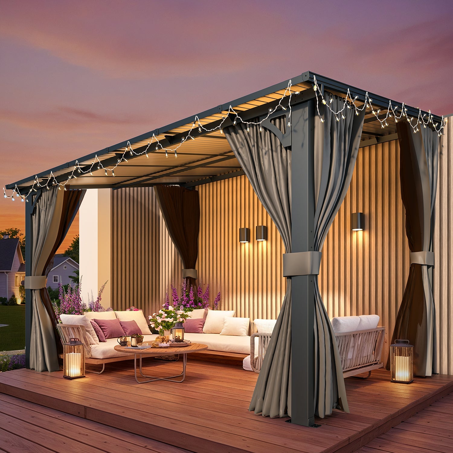 AECOJOY 12'x8' Wall Gazebo with Curtains and Mosquito Netting, Gray