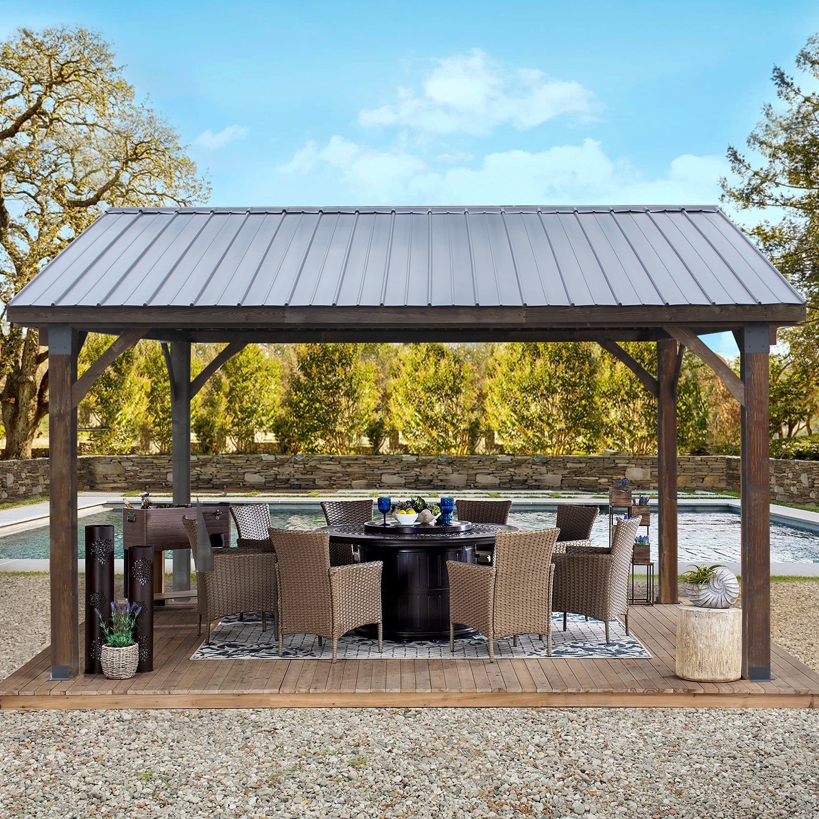 NetSo Hard-Top Gazebo 14' x 12' Wooden Outdoor Pergola - Durable and Stylish Shelter