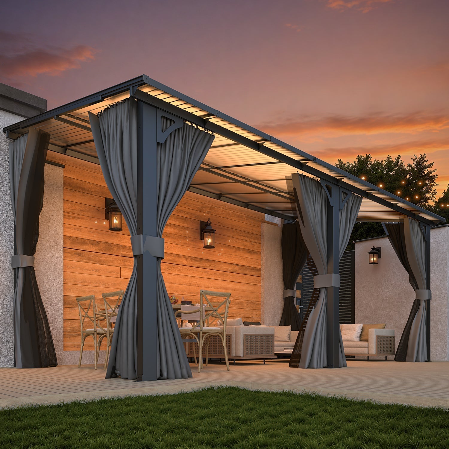 NetSo Wall Gazebo 16'x8' Gray with Curtains and Mosquito Netting - Outdoor Protection