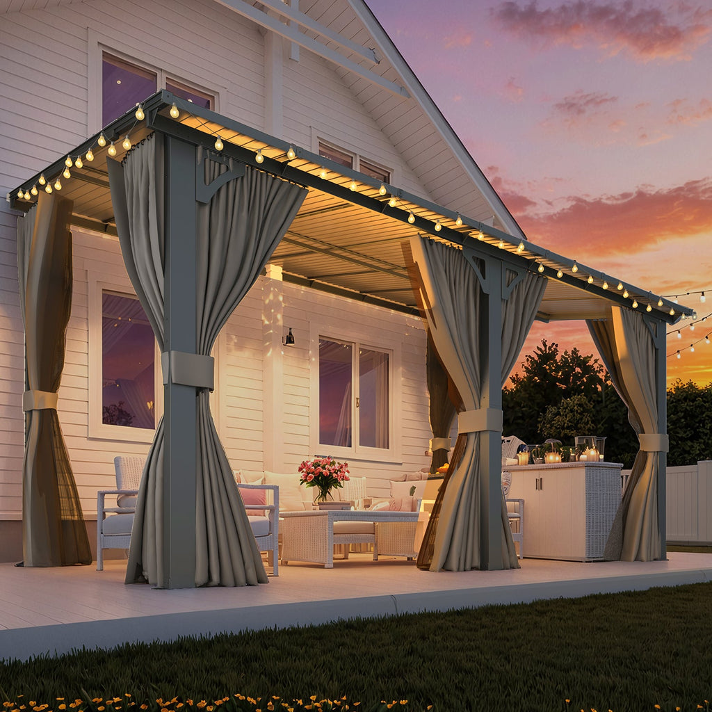 AECOJOY 14'x8' Wall Gazebo with Curtains and Mosquito Netting, Gray