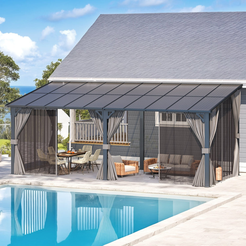 NetSo Wall Gazebo 20'x8' Gray with Curtains and Mosquito Netting - Outdoor Shelter Solution