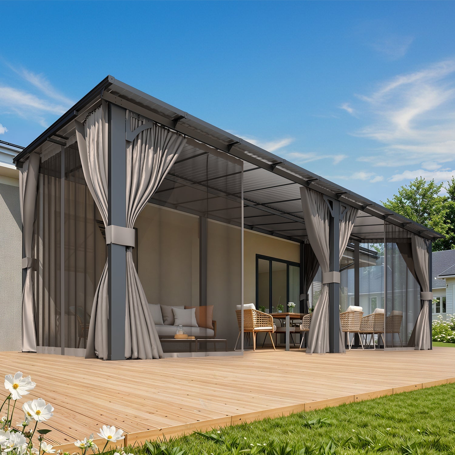 NetSo Wall Gazebo 20'x10' Gray with Curtains and Mosquito Netting - Outdoor Comfort