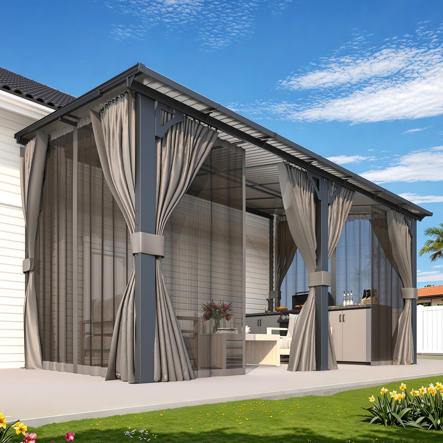 AECOJOY 14'x8' Wall Gazebo with Curtains and Mosquito Netting, Gray