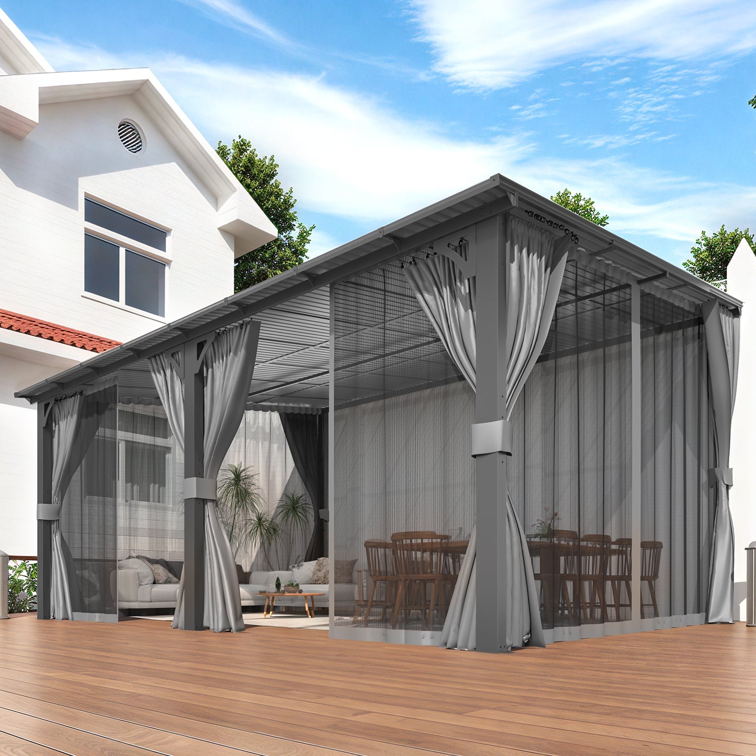 AECOJOY 16'x12' Wall Gazebo with Curtains and Mosquito Netting, Gray