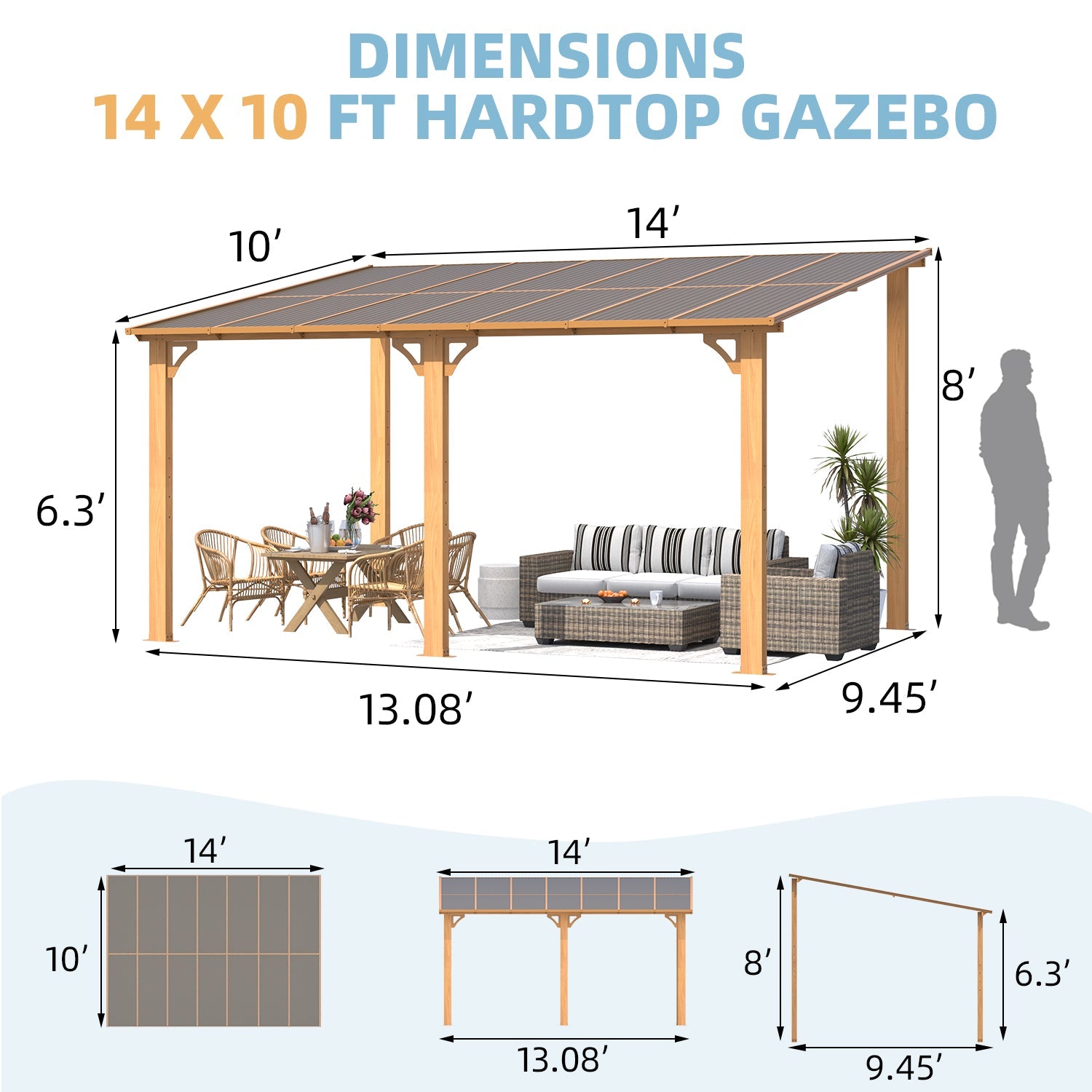 AECOJOY 14'x10' Wall Mounted Gazebos Pergola, Wood Grain