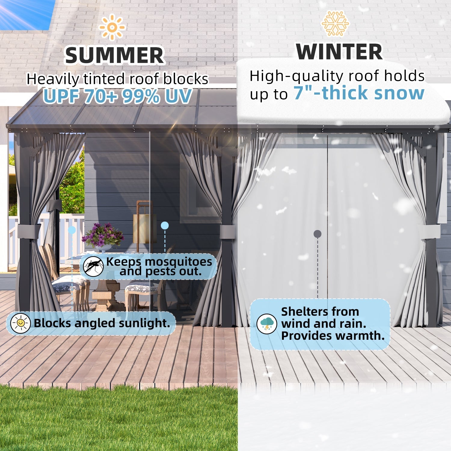 NetSo 14'x12' Wall Gazebo Gray with Curtains and Mosquito Netting - Outdoor Shelter