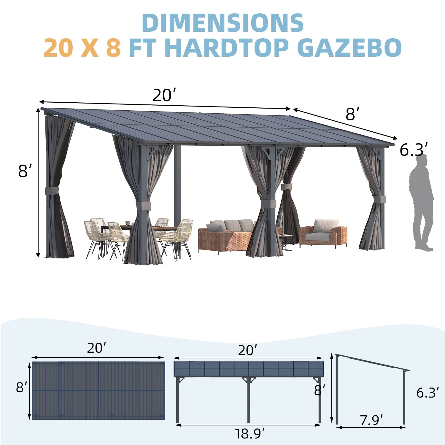 NetSo Wall Gazebo 20'x8' Gray with Curtains and Mosquito Netting - Outdoor Shelter Solution