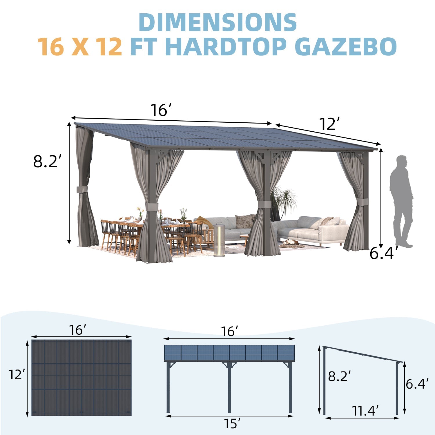 AECOJOY 16'x12' Wall Gazebo with Curtains and Mosquito Netting, Gray