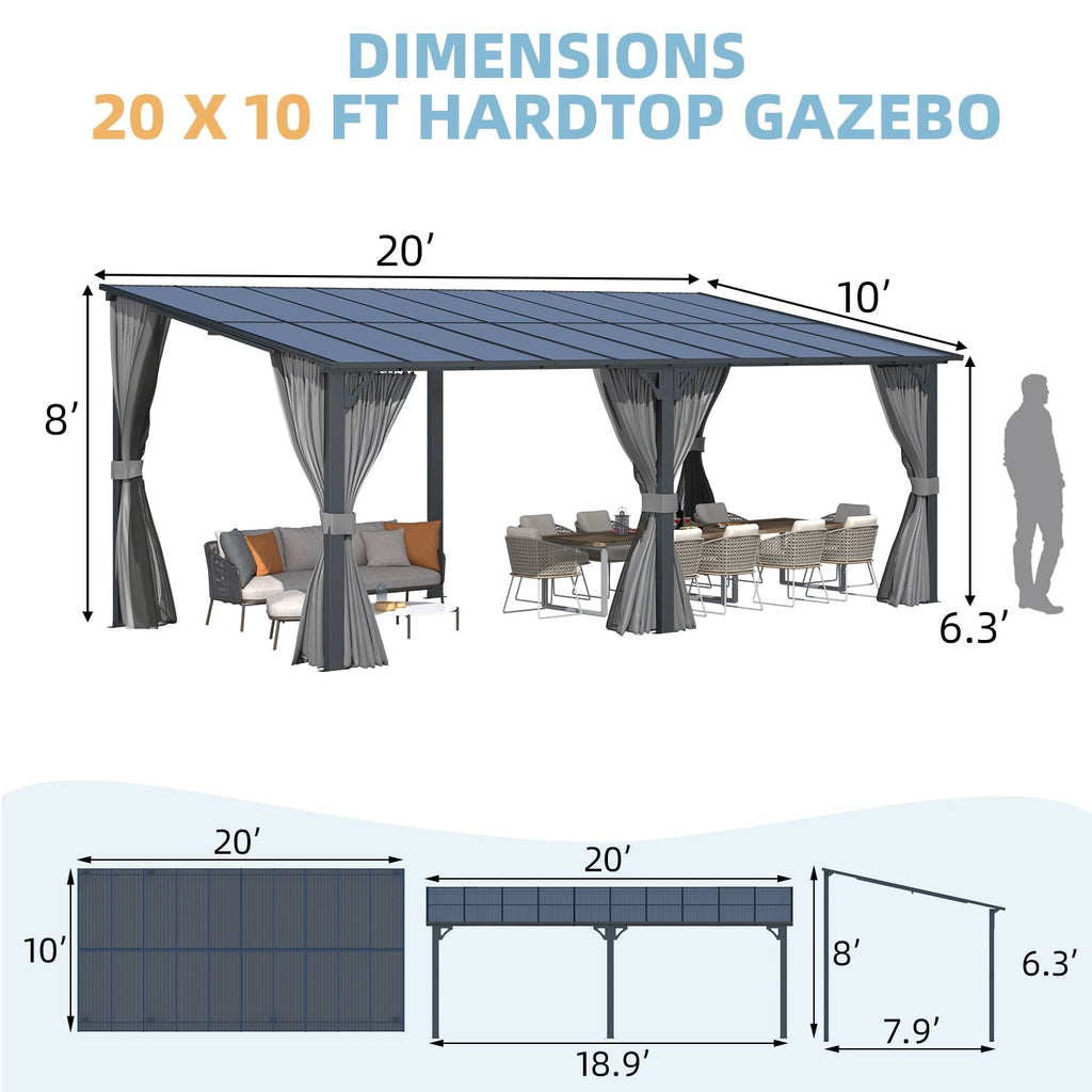 NetSo Wall Gazebo 20'x10' Gray with Curtains and Mosquito Netting - Outdoor Comfort