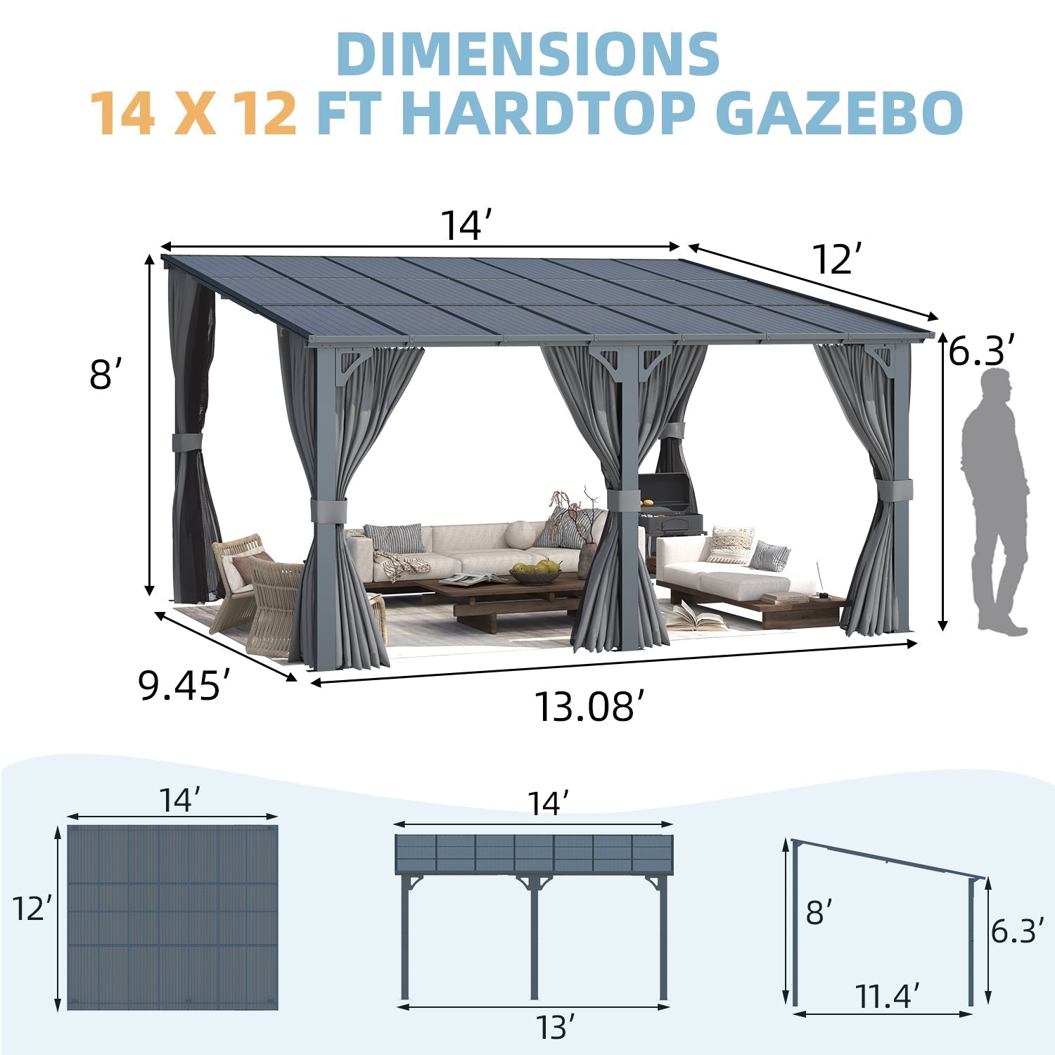 NetSo 14'x12' Wall Gazebo Gray with Curtains and Mosquito Netting - Outdoor Shelter