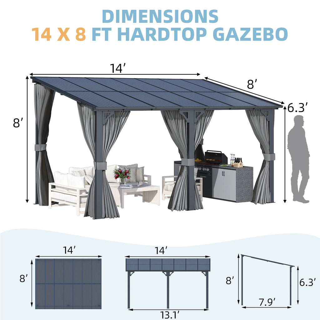 AECOJOY 14'x8' Wall Gazebo with Curtains and Mosquito Netting, Gray
