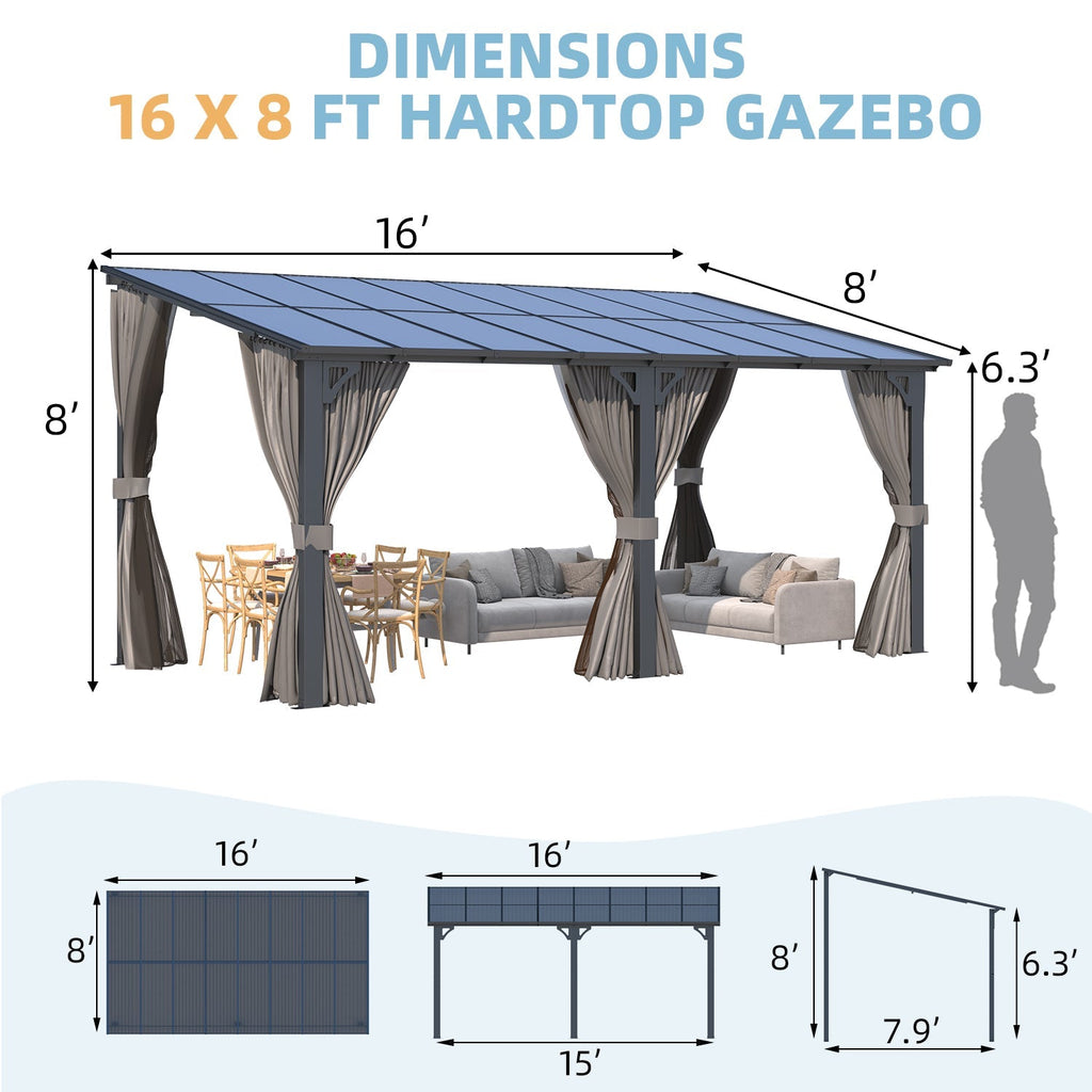 NetSo Wall Gazebo 16'x8' Gray with Curtains and Mosquito Netting - Outdoor Protection