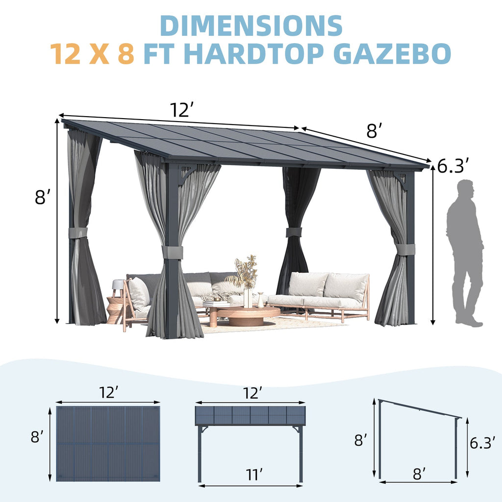 AECOJOY 12'x8' Wall Gazebo with Curtains and Mosquito Netting, Gray