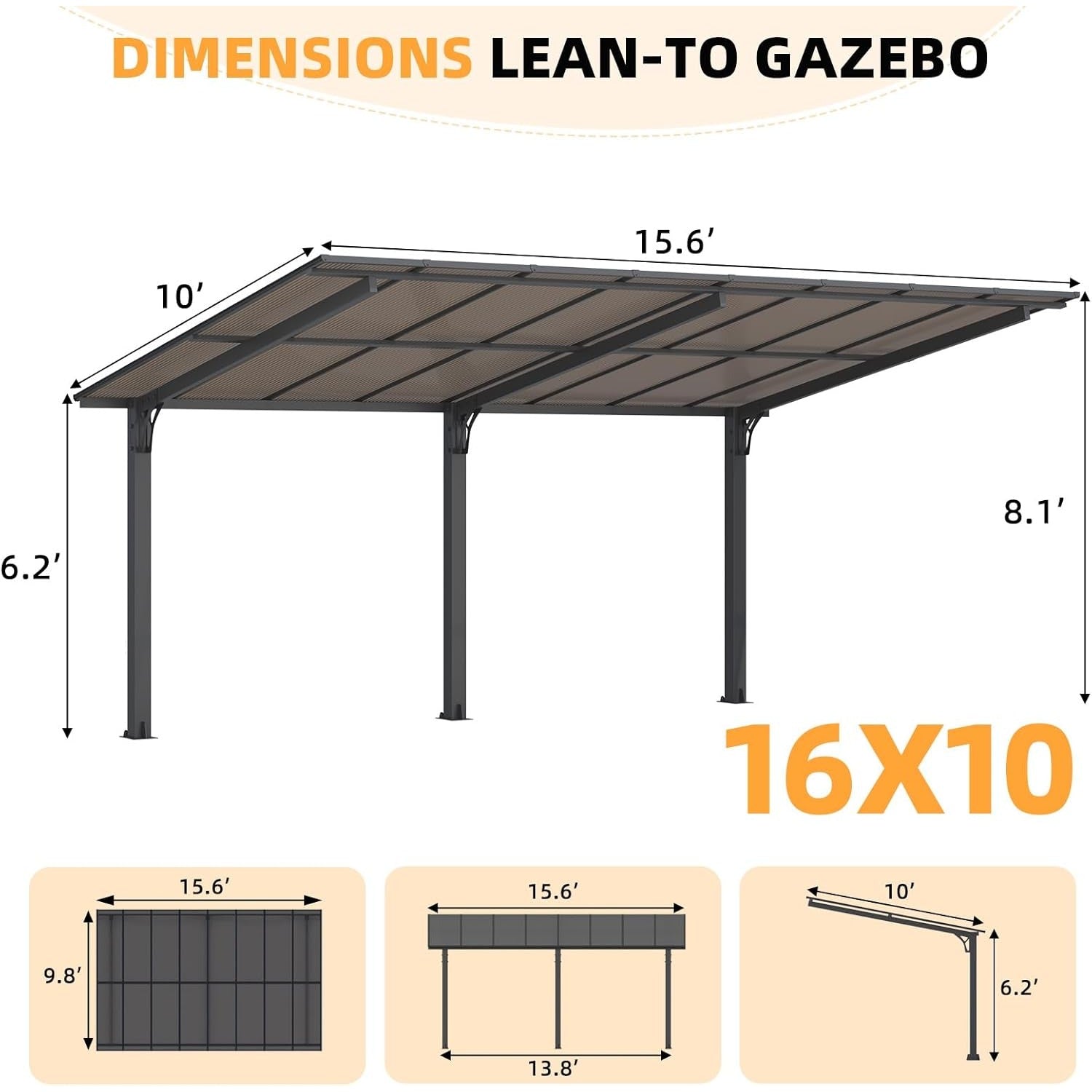 NetSo Outdoor Gazebo Pergola 16' x 10' - Durable Shade Solution for Patio and Carport