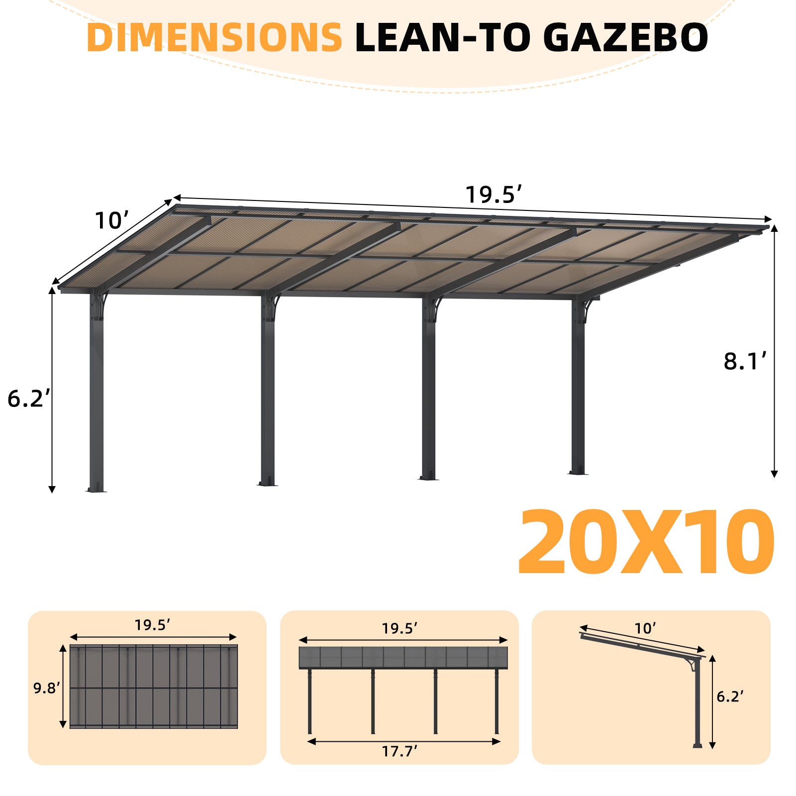NetSo Outdoor Gazebo 20' x 10' - Large Pergola Carport for Patio Shade and Protection