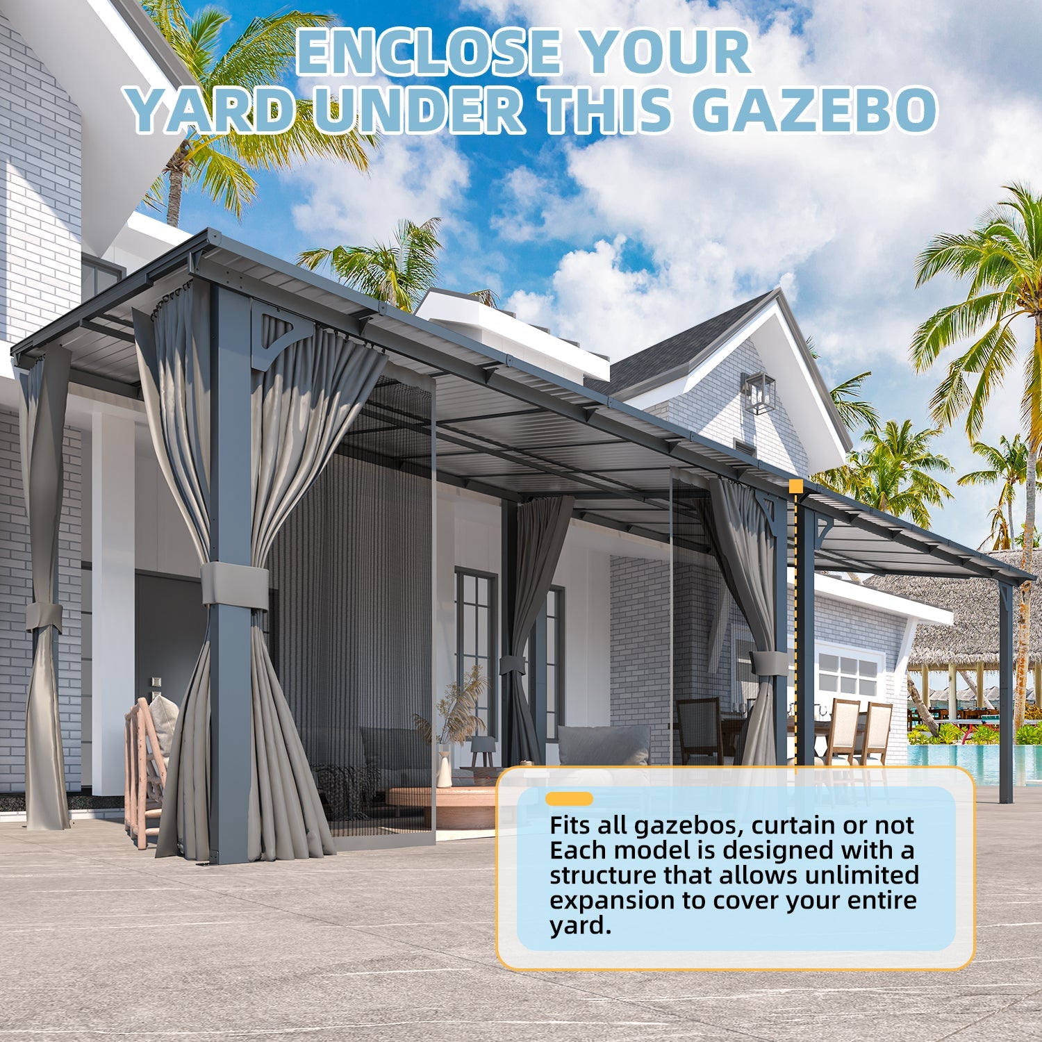 AECOJOY 12'x8' Wall Gazebo with Curtains and Mosquito Netting, Gray