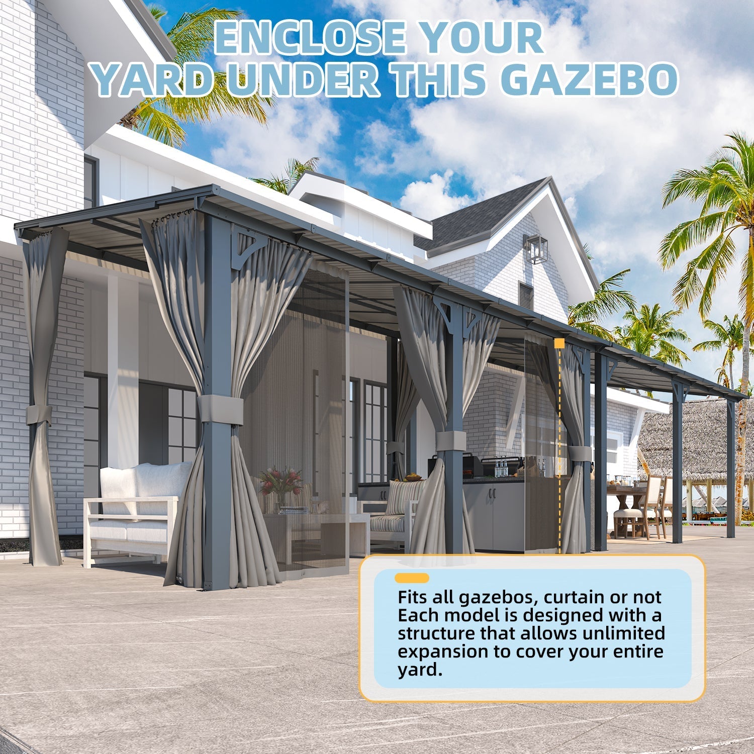 NetSo Wall Gazebo 16'x8' Gray with Curtains and Mosquito Netting - Outdoor Protection