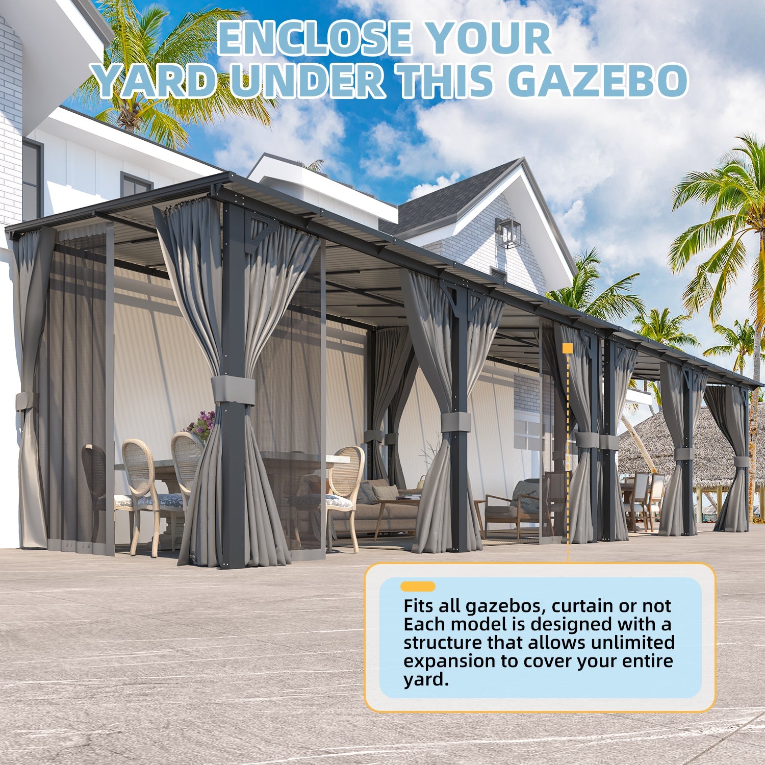 AECOJOY 14'x12' Wall Gazebo with Curtains and Mosquito Netting, Gray