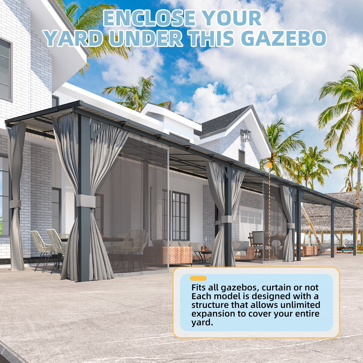 NetSo Wall Gazebo 20'x8' Gray with Curtains and Mosquito Netting - Outdoor Shelter Solution