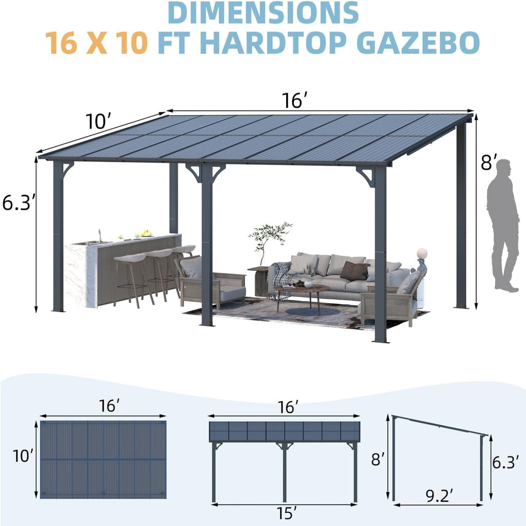 NetSo Wall Mounted Gazebo Pergola 16x10 Dark - Durable Outdoor Shade Solution