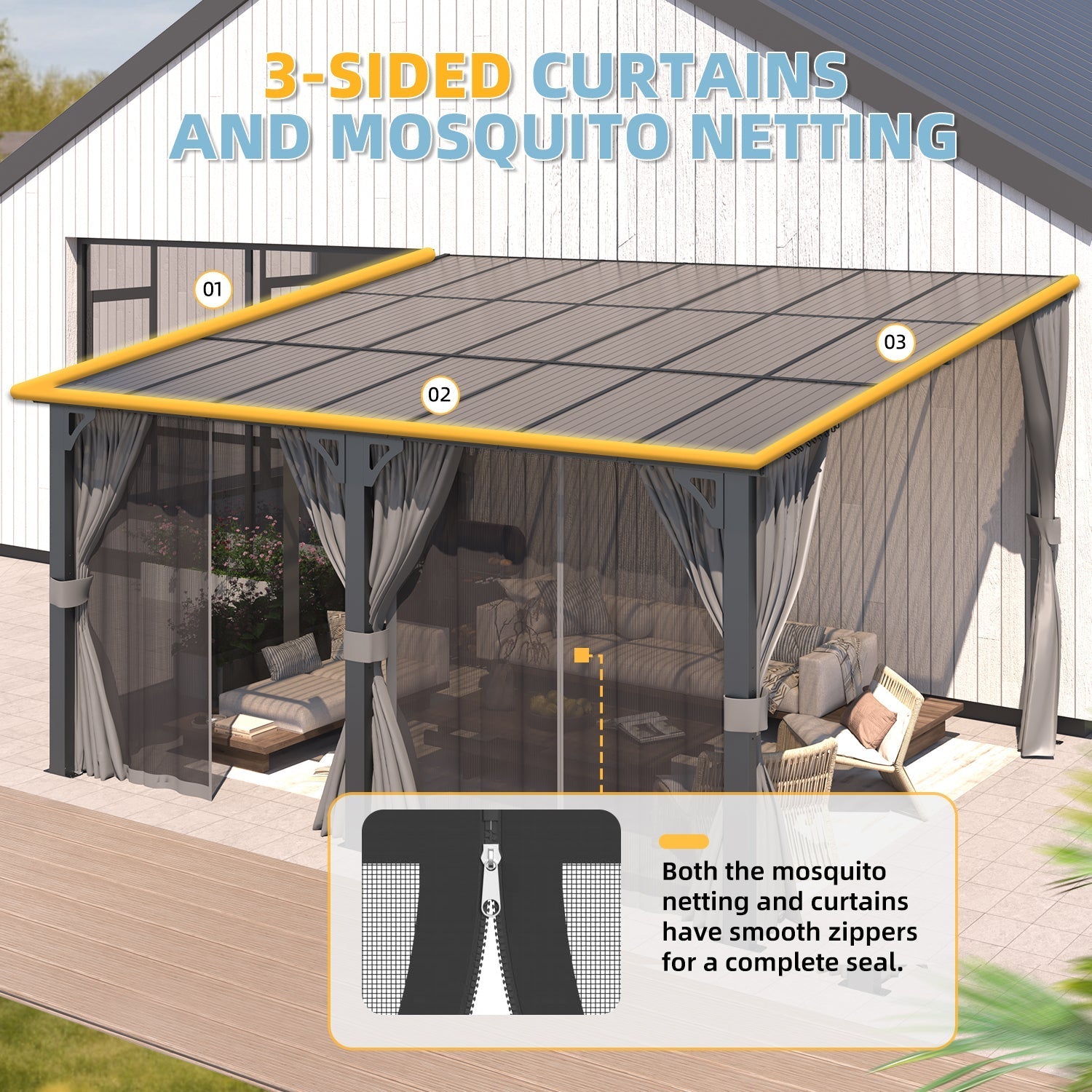 NetSo 14'x12' Wall Gazebo Gray with Curtains and Mosquito Netting - Outdoor Shelter