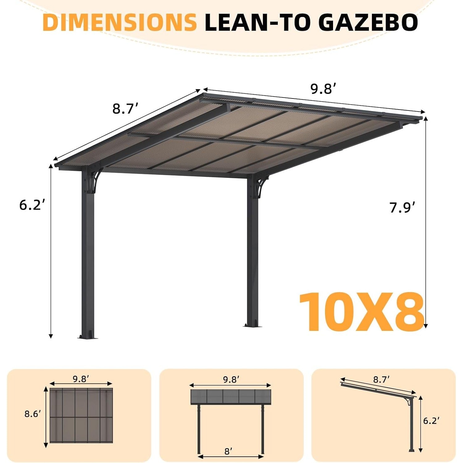 NetSo Gazebo 10' x 8' Outdoor Pergola - Durable Hard Top for Patio Use