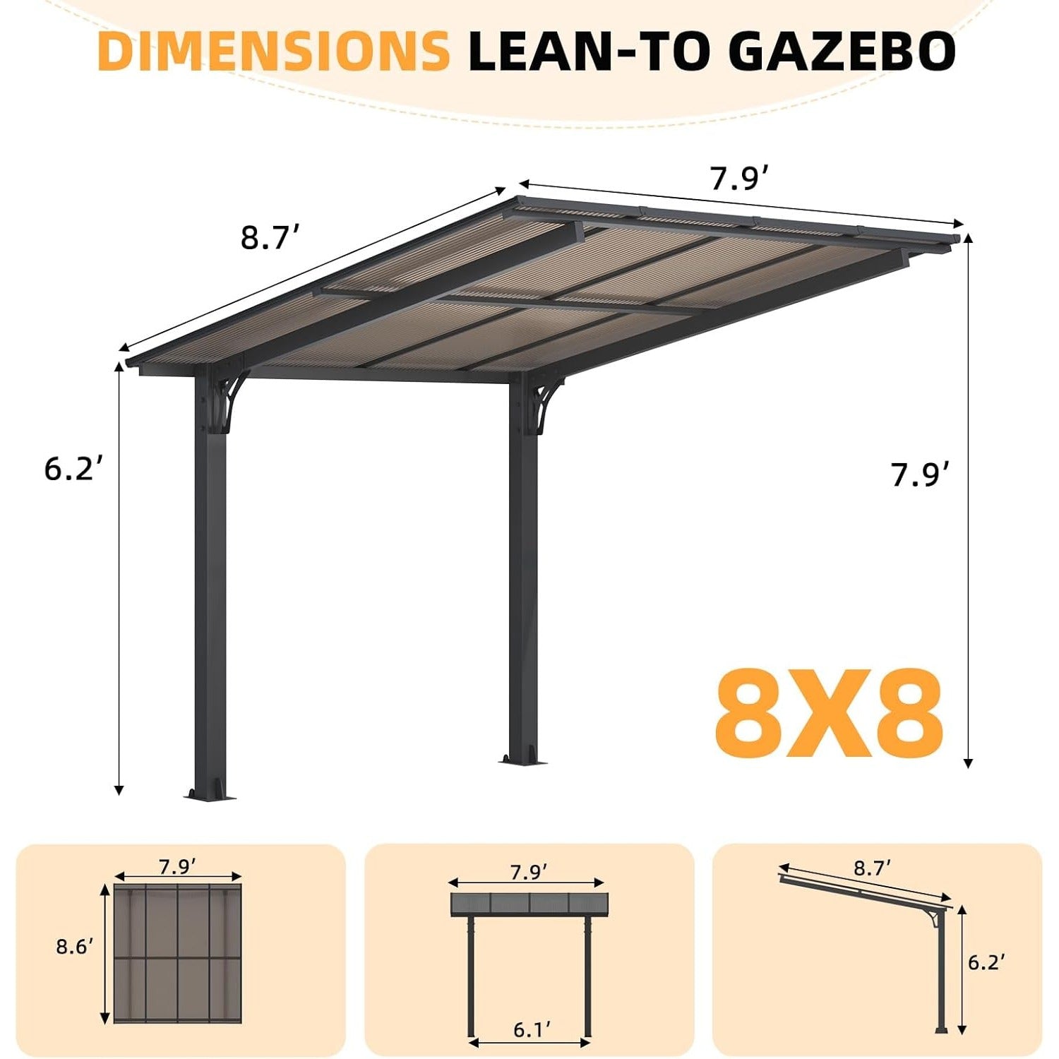 NetSo Hard Top Gazebo 8' x 8' for Patio - Durable Freestanding Carport Shelter