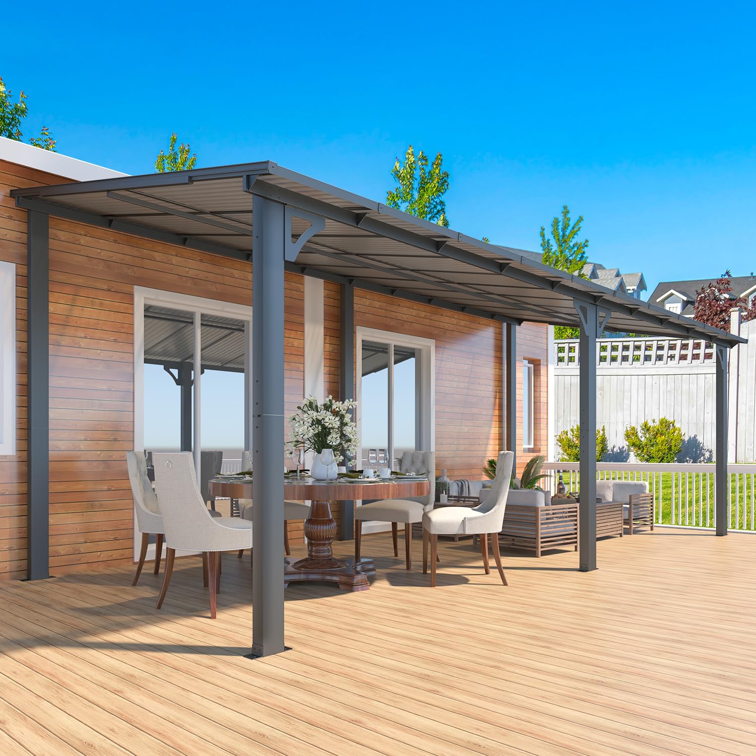 NetSo Wall Mounted Gazebo Pergola 20'x8' Dark - Durable Shade for Outdoor Spaces