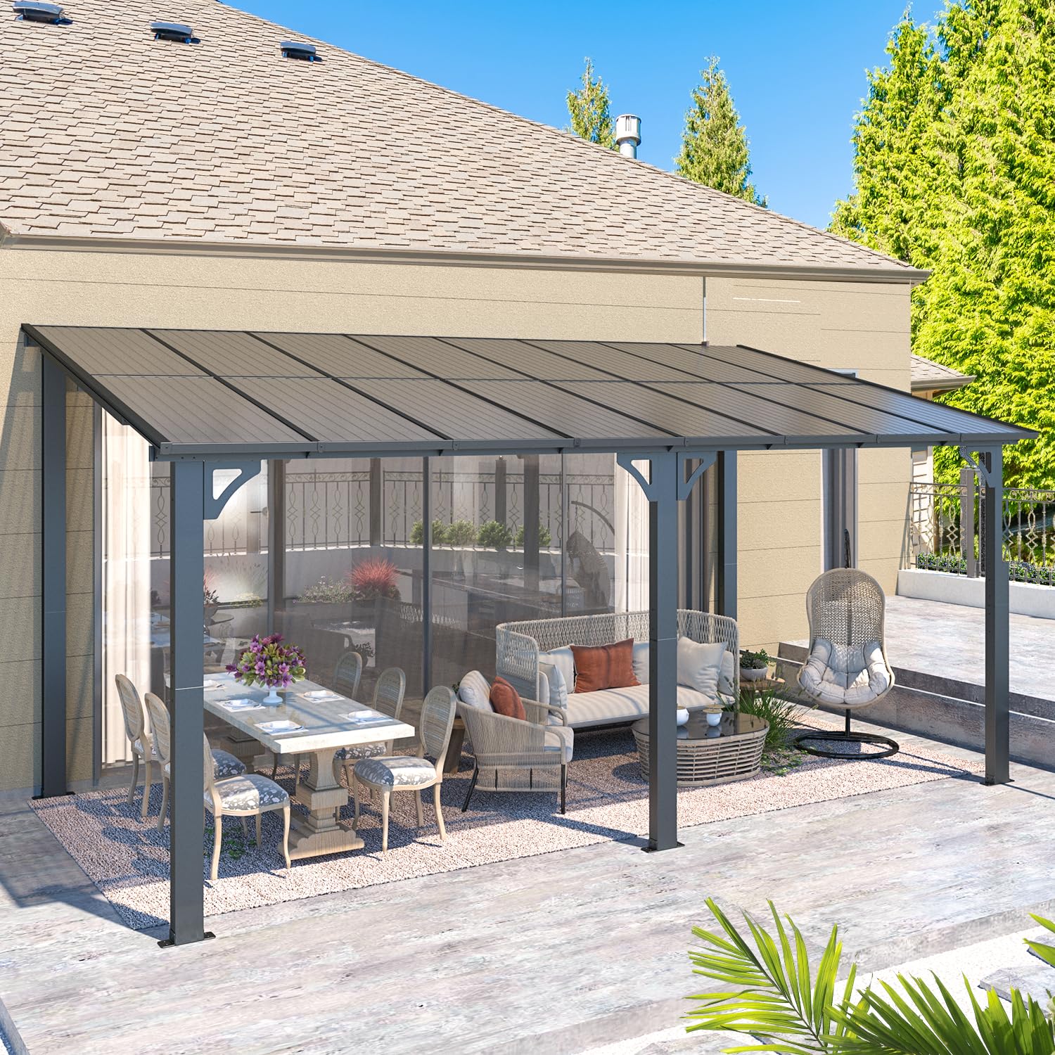 NetSo Wall Mounted Gazebo Pergola 16'x8' Dark - Durable Outdoor Shelter Solution