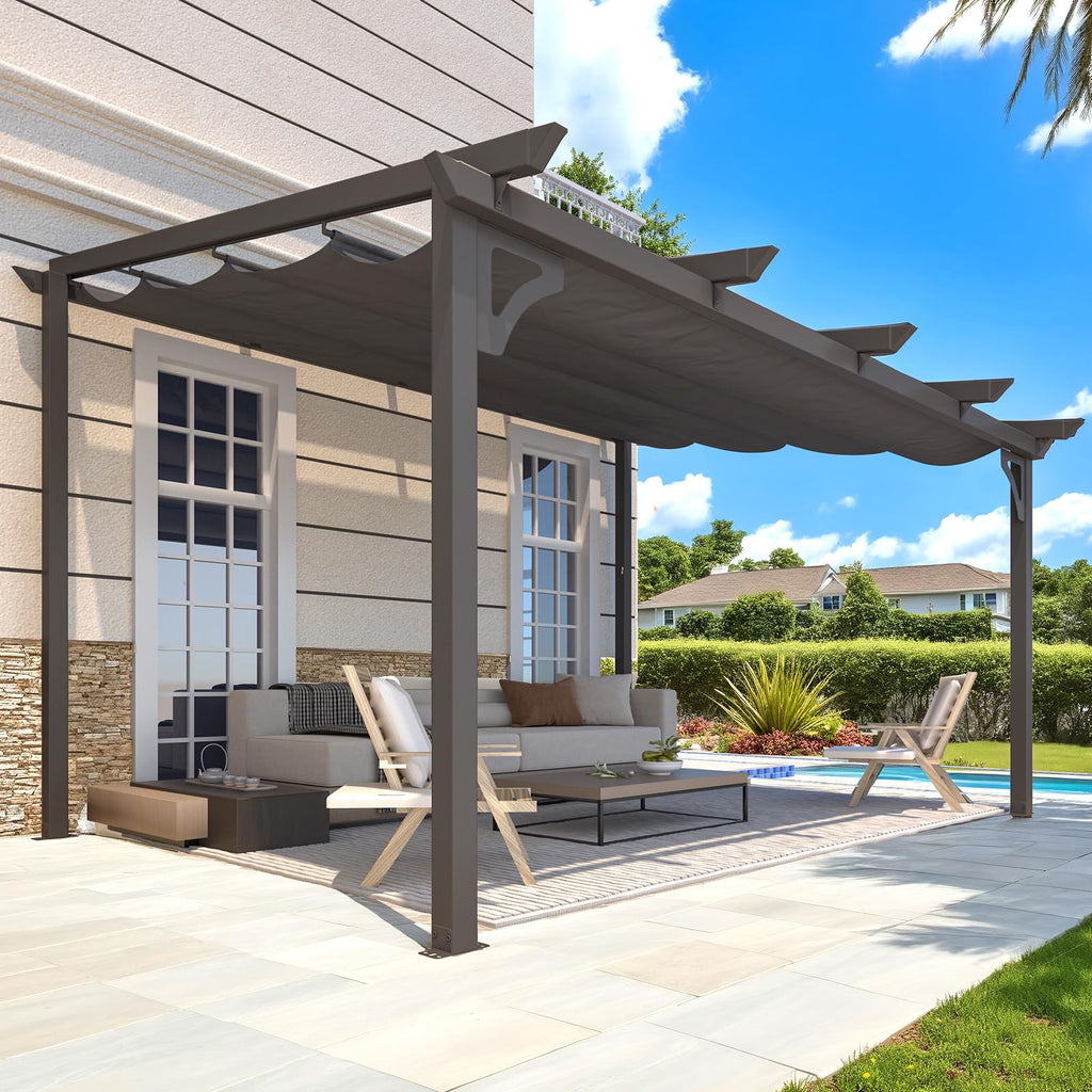 NetSo Gazebo 14' x 10' Retractable Pergola with Adjustable Sun Shade Canopy Roof - Ideal for Patio Enjoyment
